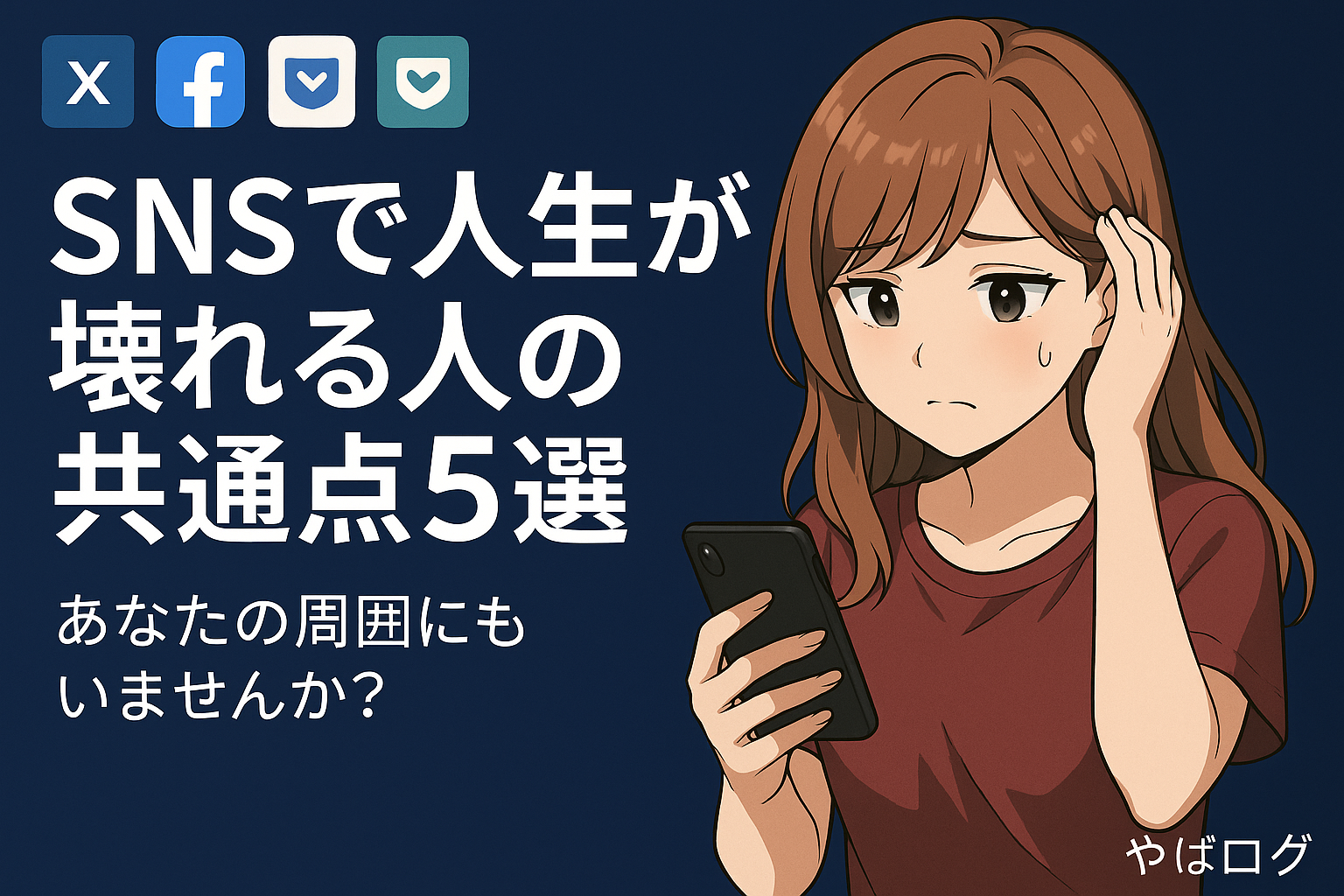 アニメ風の若者がスマホを見つめて落ち込み、XやFacebookなどSNSアイコンに取り囲まれている様子を描いたアイキャッチ画像。記事「SNSで人生が壊れる人の共通点5選」用。