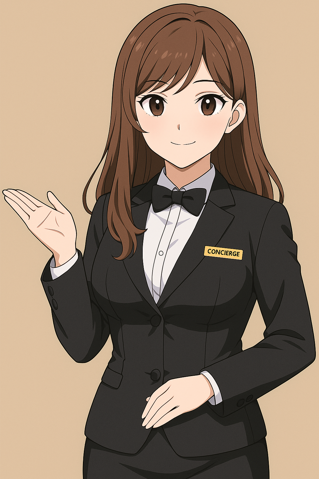 「CONCIERGE」と書かれた名札をつけ、黒いスーツを着て微笑みながら手で案内する女性アニメキャラクターのイラスト。