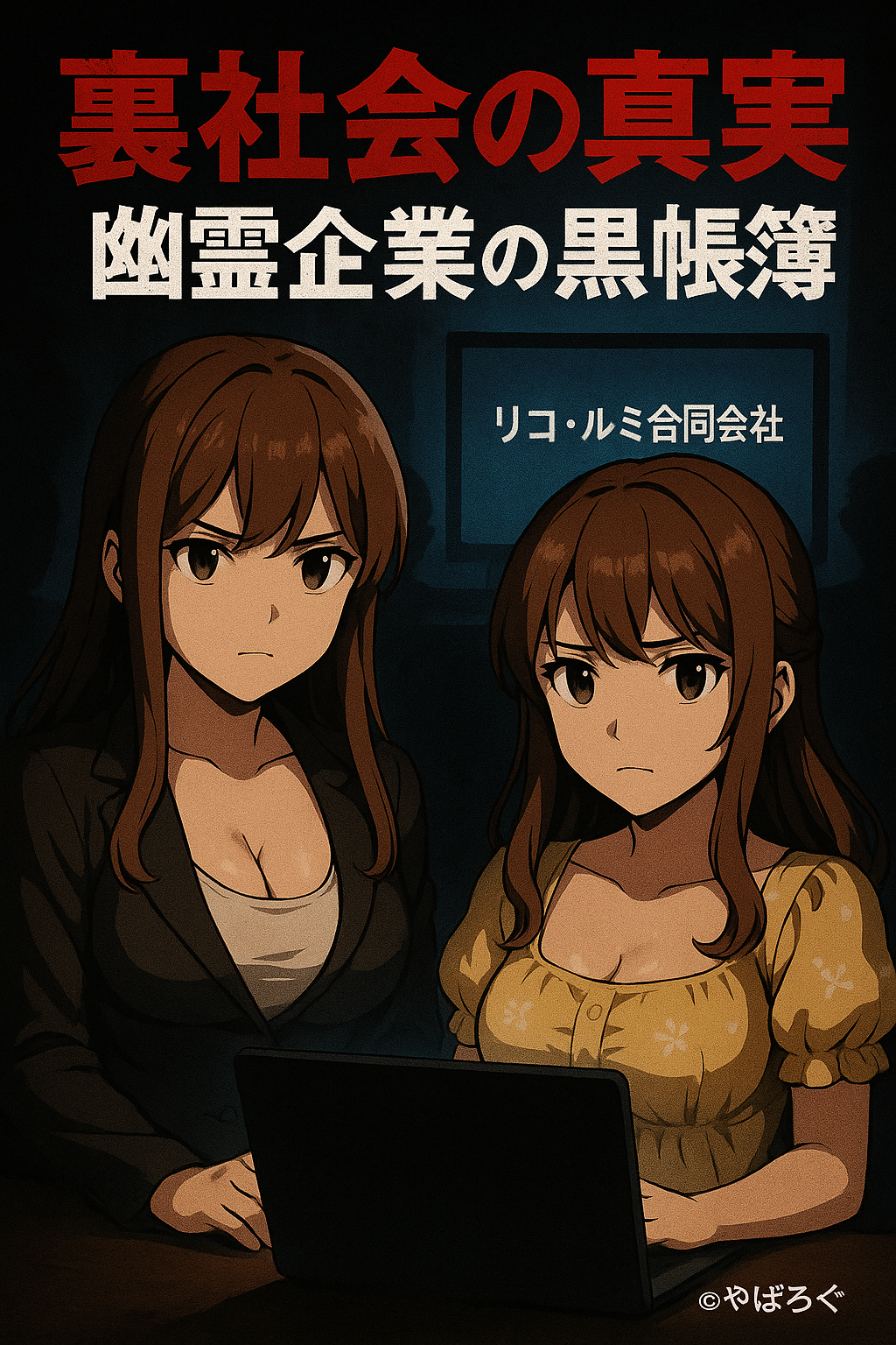 「裏社会の真実 幽霊企業の黒帳簿」というタイトルと、「リコ・ルミ合同会社」の文字が書かれた看板の下で、パソコンを覗き込む2人の女性キャラクター。一人はスーツ、もう一人は黄色い服を着ており、二人とも真剣な表情をしている。