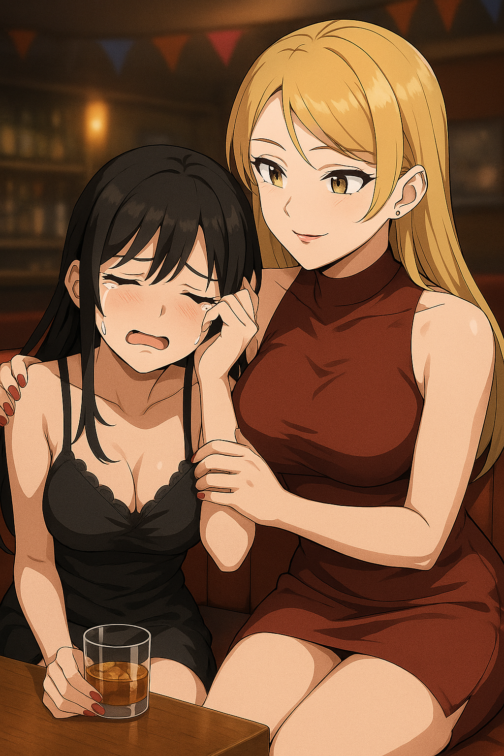 バーで、金髪の女性（ナジカ）が黒髪の泣いている女性（ルミ）を慰めているイラスト。