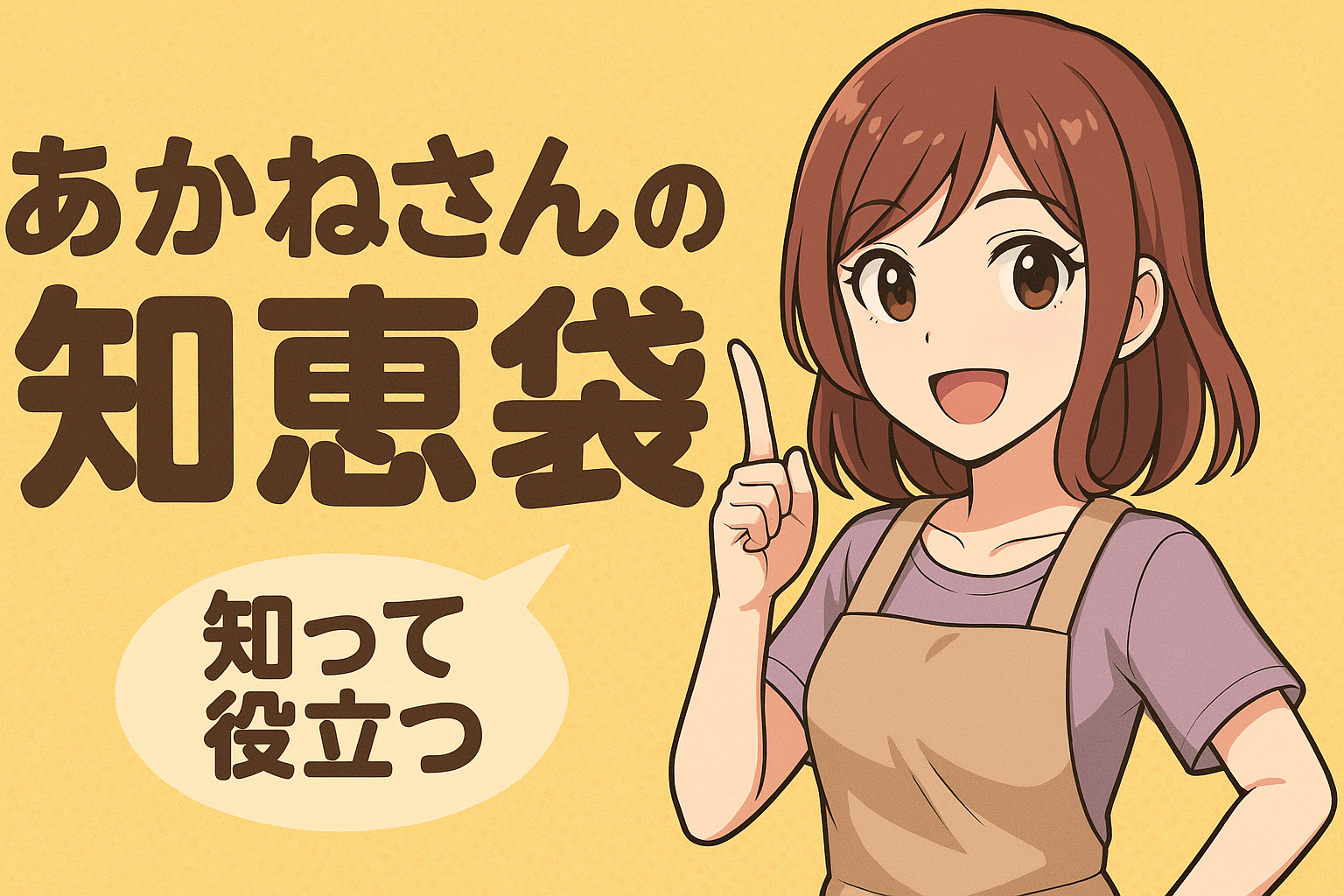 「あかねさんの知恵袋 知って役立つ」というタイトルの、エプロン姿で指差しポーズをする女性のイラスト。