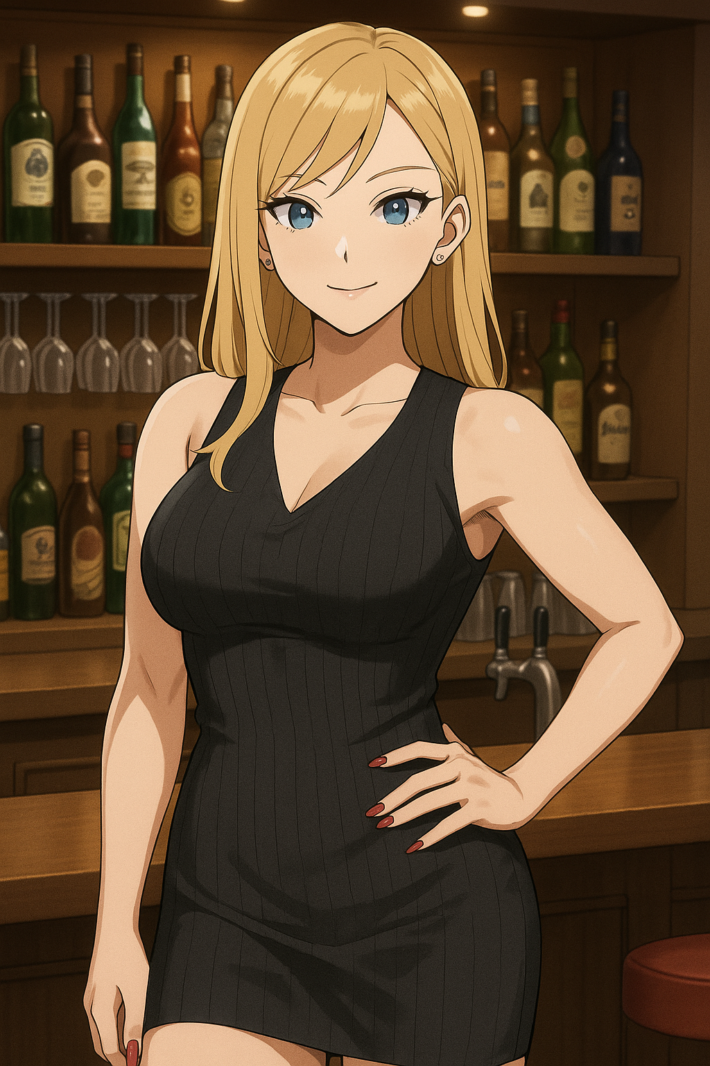 金髪碧眼の女性調査員ナジカがバーカウンターで微笑むアニメ風イラスト。背景には酒瓶が並ぶ棚。