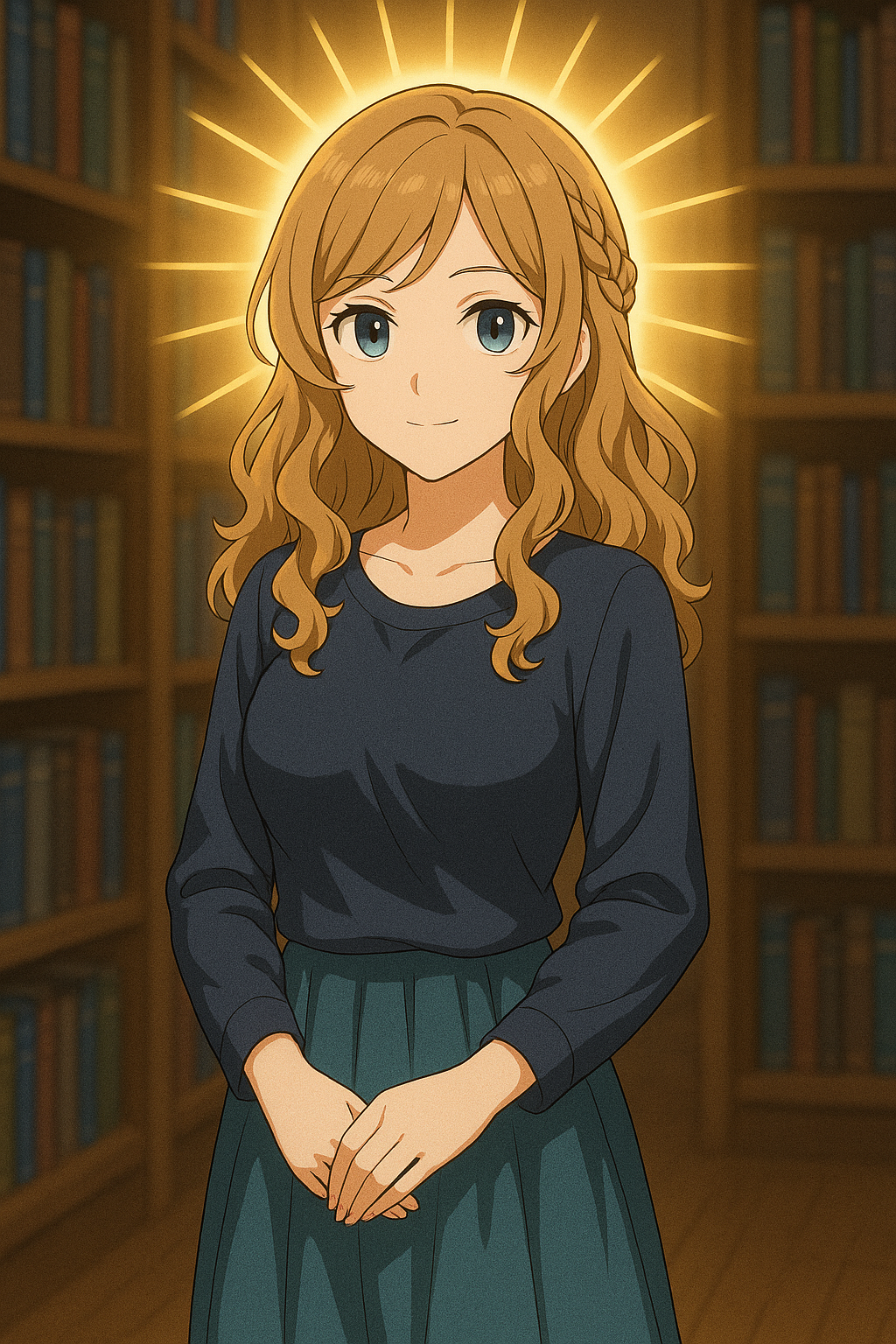 金色に輝く後光が差している、青い目の若い女性のイラスト。茶色のウェーブがかかった髪型で、ネイビーのトップスと青いスカートを着用し、両手を体の前で組んでいる。背景はぼやけた本棚。