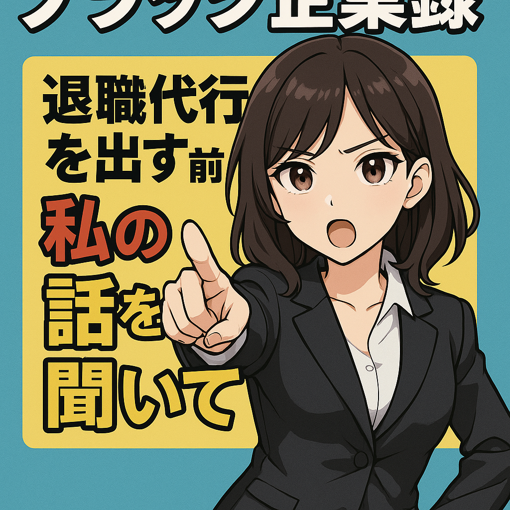 退職代行を出そうか悩む人に向けて、スーツ姿の女性が力強く指をさし訴えかけるアニメ風イラスト。「退職代行を出す前に私の話を聞いて」というメッセージ入り。