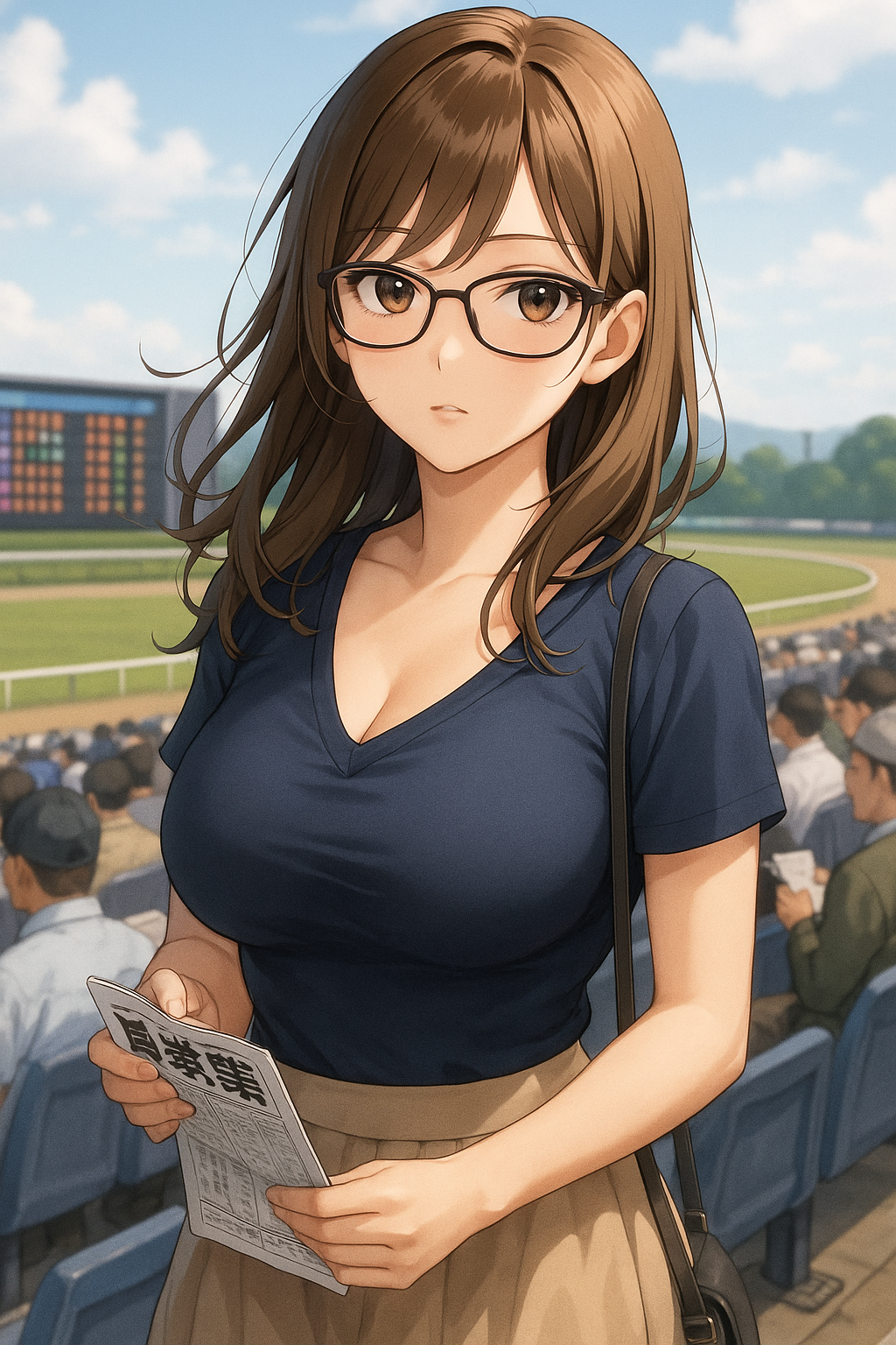 「競馬場で新聞（出馬表）を持ち、こちらを見つめる女性アニメキャラクター。