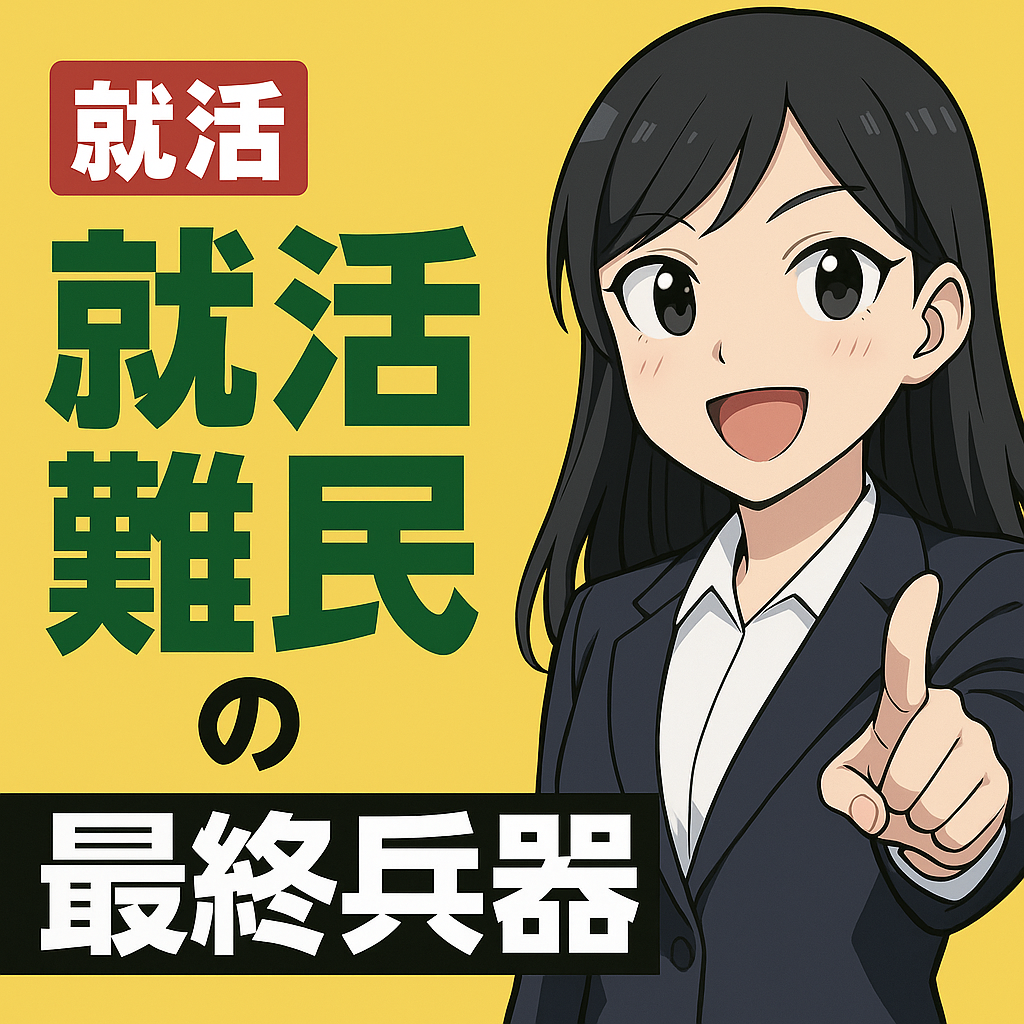 「就活難民の最終兵器」というタイトルと、スーツ姿で笑顔で指差しポーズをする女性のイラスト。