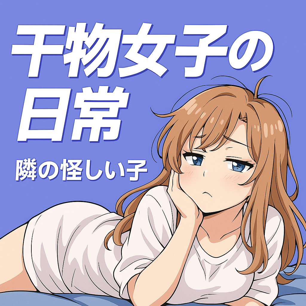 「干物女子の日常」と「隣の怪しい子」という文字が書かれた、アニメ風のイラスト。茶色の髪の若い女性がベッドの上に横たわり、手で頬杖をついて、退屈そうに冷めた表情でこちらを見つめている。彼女は白いTシャツを着ており、髪はやや乱れている。
