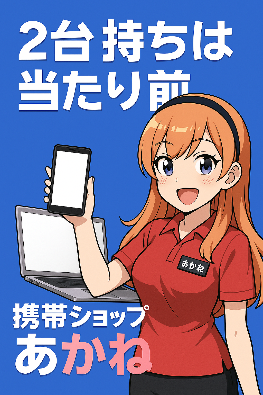 「2台持ちは当たり前」というタイトルと「携帯ショップ あかね」のロゴ。携帯とノートパソコンを両手に持って笑顔でポーズをとる女性のイラスト。