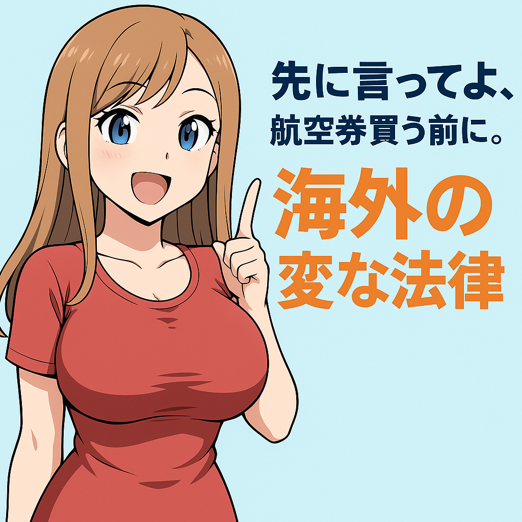 「先に言ってよ、航空券買う前に。海外の変な法律」という文字が書かれたイラスト。茶色の髪の若い女性が赤いTシャツを着て、笑顔で人差し指を立てて、何かを説明しているようなポーズをとっている。