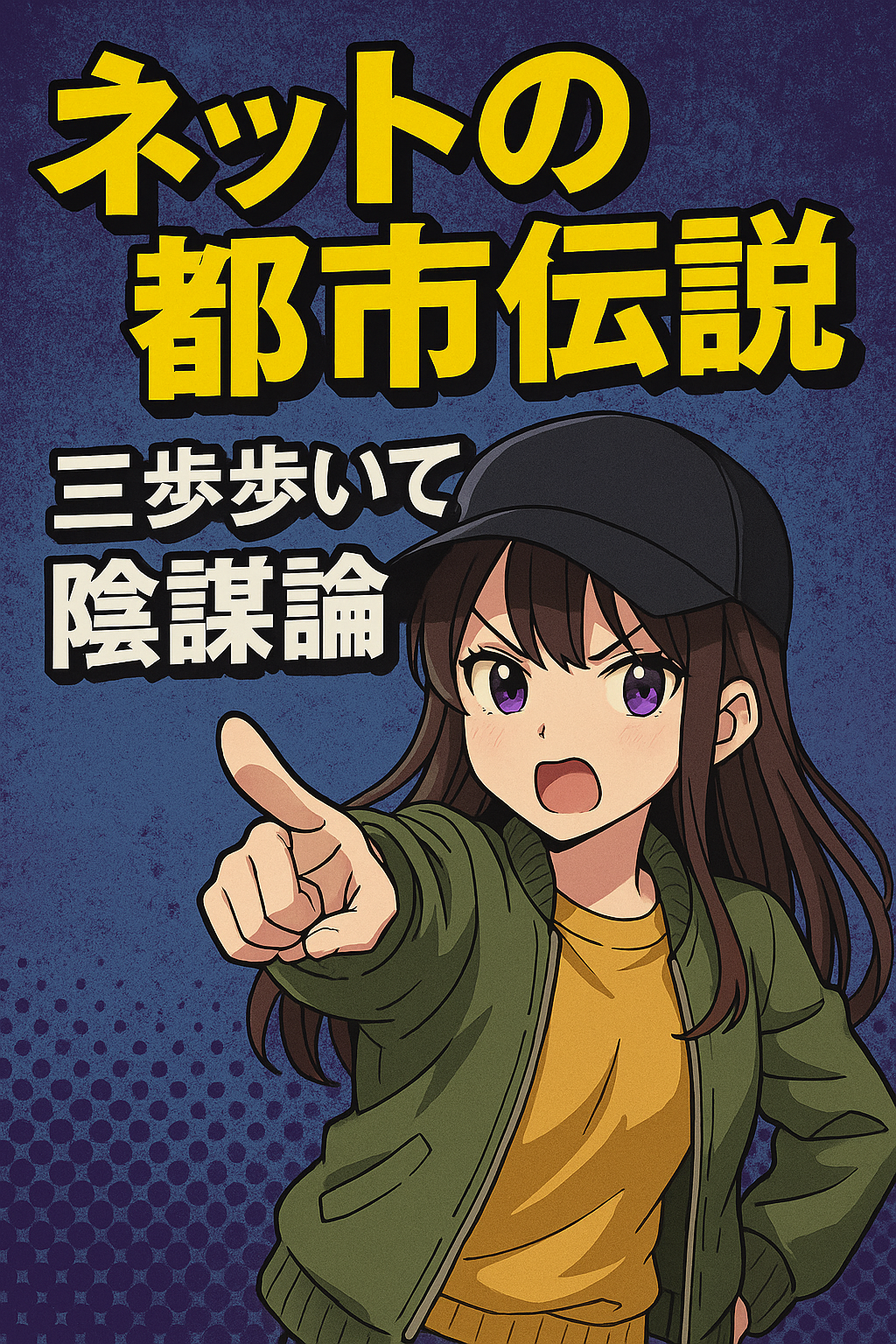 「ネットの都市伝説 三歩歩いて 陰謀論」というタイトルの、指差しポーズをする女性アニメキャラクターのイラスト。