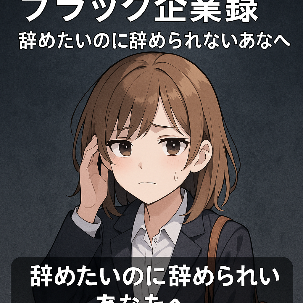スーツ姿の若い女性が不安そうに頭を押さえ、涙ぐみそうな表情を浮かべているイラスト。「ブラック企業録 辞めたいのに辞められないあなたへ」という文字入り。