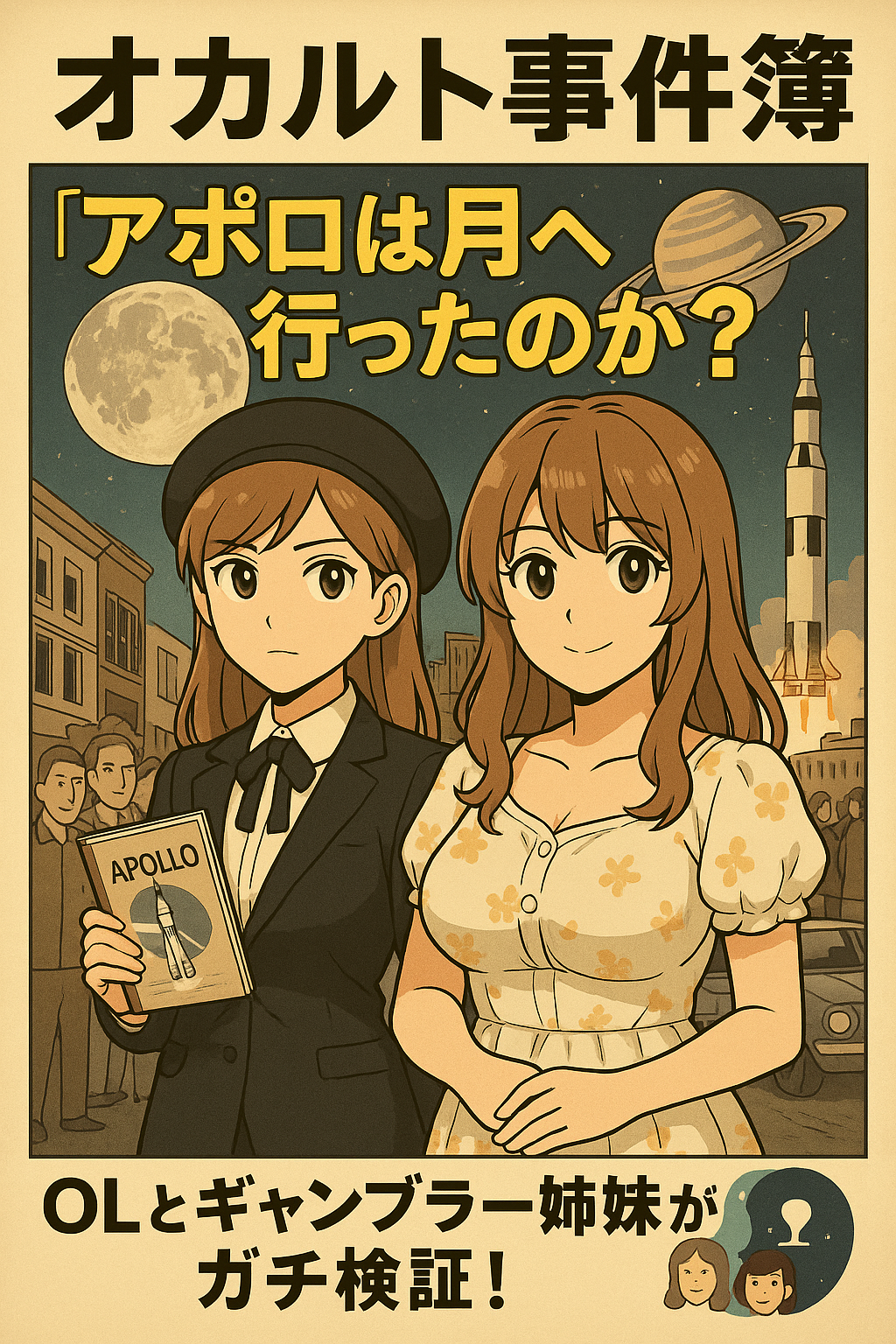 リコとルミの二人の女性が正面を向いて立っているイラスト。奥には月やロケット、街並みが描かれており、「オカルト事件簿」「アポロは月へ行ったのか？」の文字が見える。