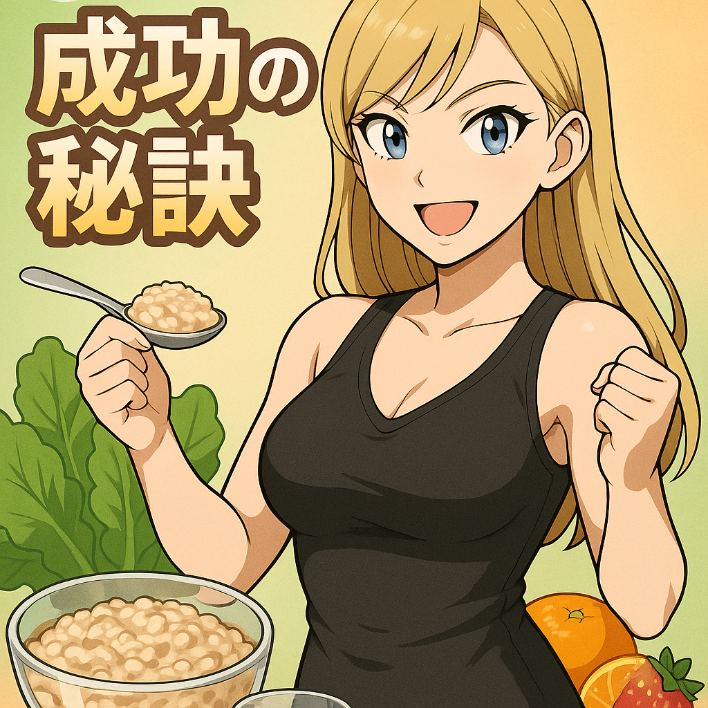 笑顔のブロンド女性がオートミールをスプーンで持ち上げ、拳を握ってポーズ。背景にはオートミールの入ったボウル、野菜、果物、そして「成功の秘訣」の文字。
