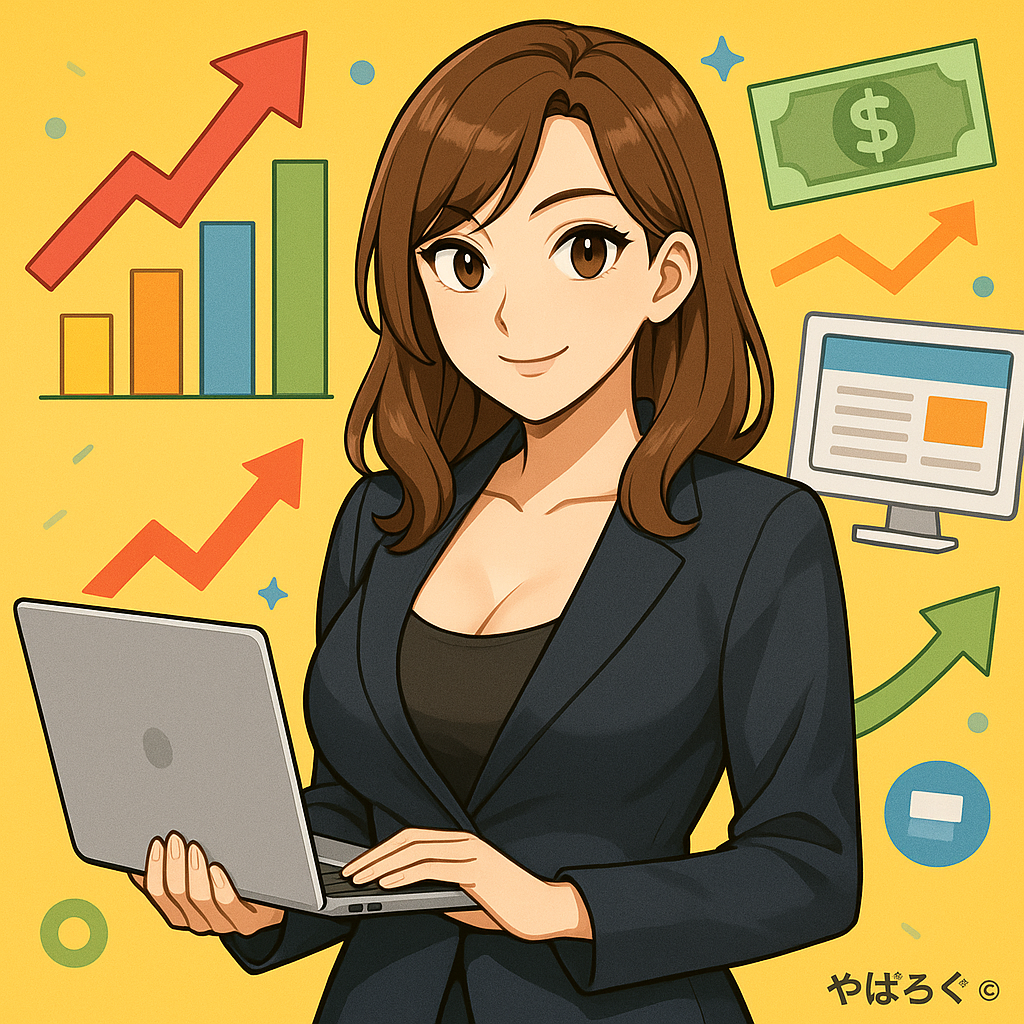 アニメ風イラスト。白いブラウス姿の若い女性がノートPCの前に座り、微笑みながら読者に向かって説明している。背景は落ち着いた室内。