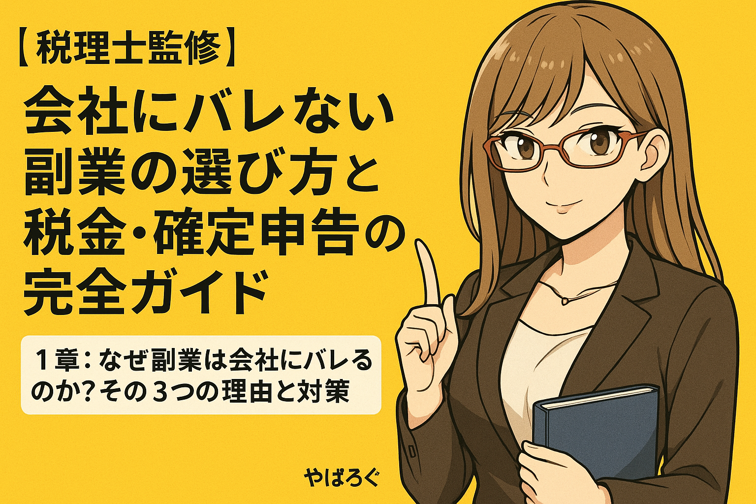 「副業が会社にバレない方法を解説する記事のアイキャッチ。スーツ姿の女性キャラクター・リコが笑顔で指差し、背景に『会社にバレない副業と税金の完全ガイド』の文字。」