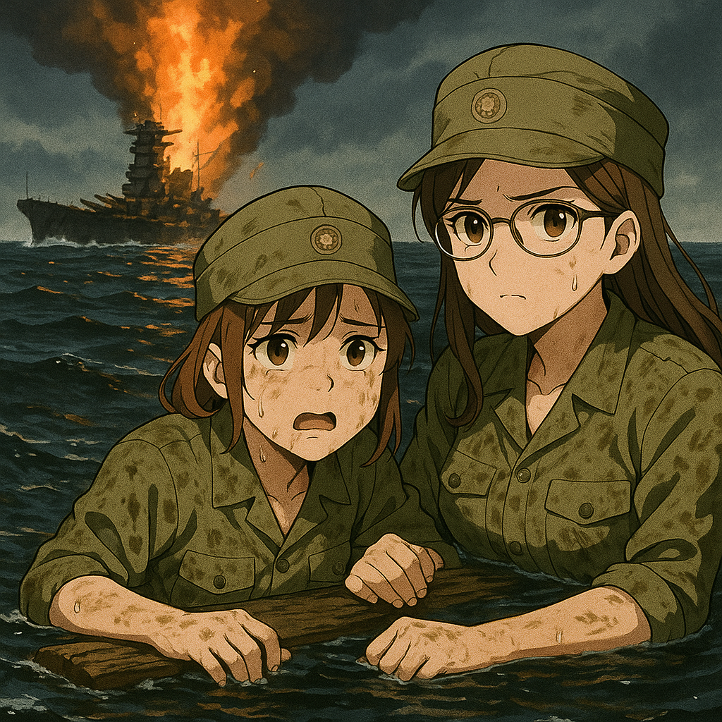 沈没した戦艦大和から逃げ出した将兵が木材の破片につかまり重油だらけの海で助けを待つ様子。