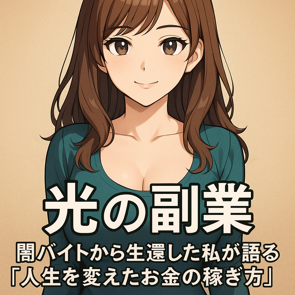 茶髪の女性アニメキャラクターが正面を向いて優しく微笑んでいるイラスト。「光の副業」「闇バイトから生還した私が語る『人生を変えたお金の稼ぎ方』」の文字が入っている。
