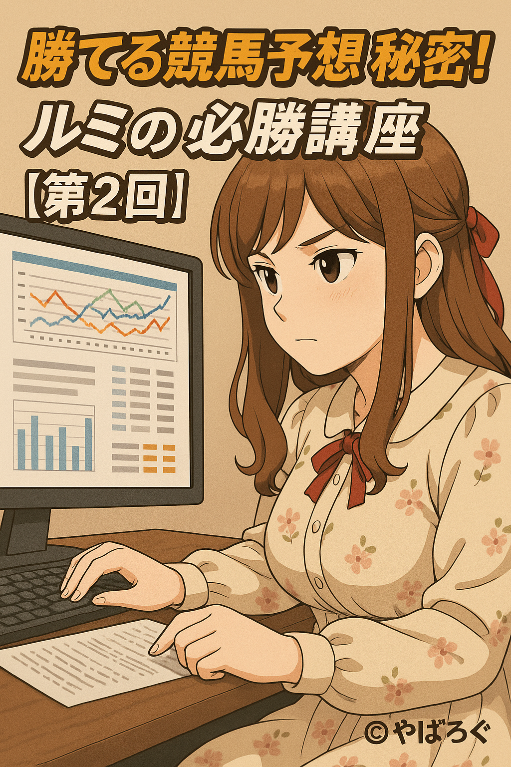 「ルミがパソコンで競馬データを分析する姿。画面にはグラフやチャートが表示され、講座タイトルが描かれている。」
