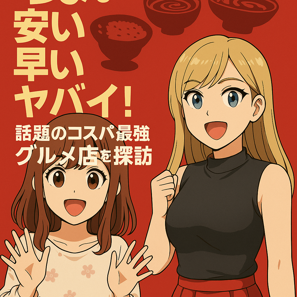 ルミとナジカが並んで笑顔で登場し、「うまい・安い・早い・ヤバイ！話題のコスパ最強グルメ店を探訪」と書かれた赤い背景のアイキャッチ画像。