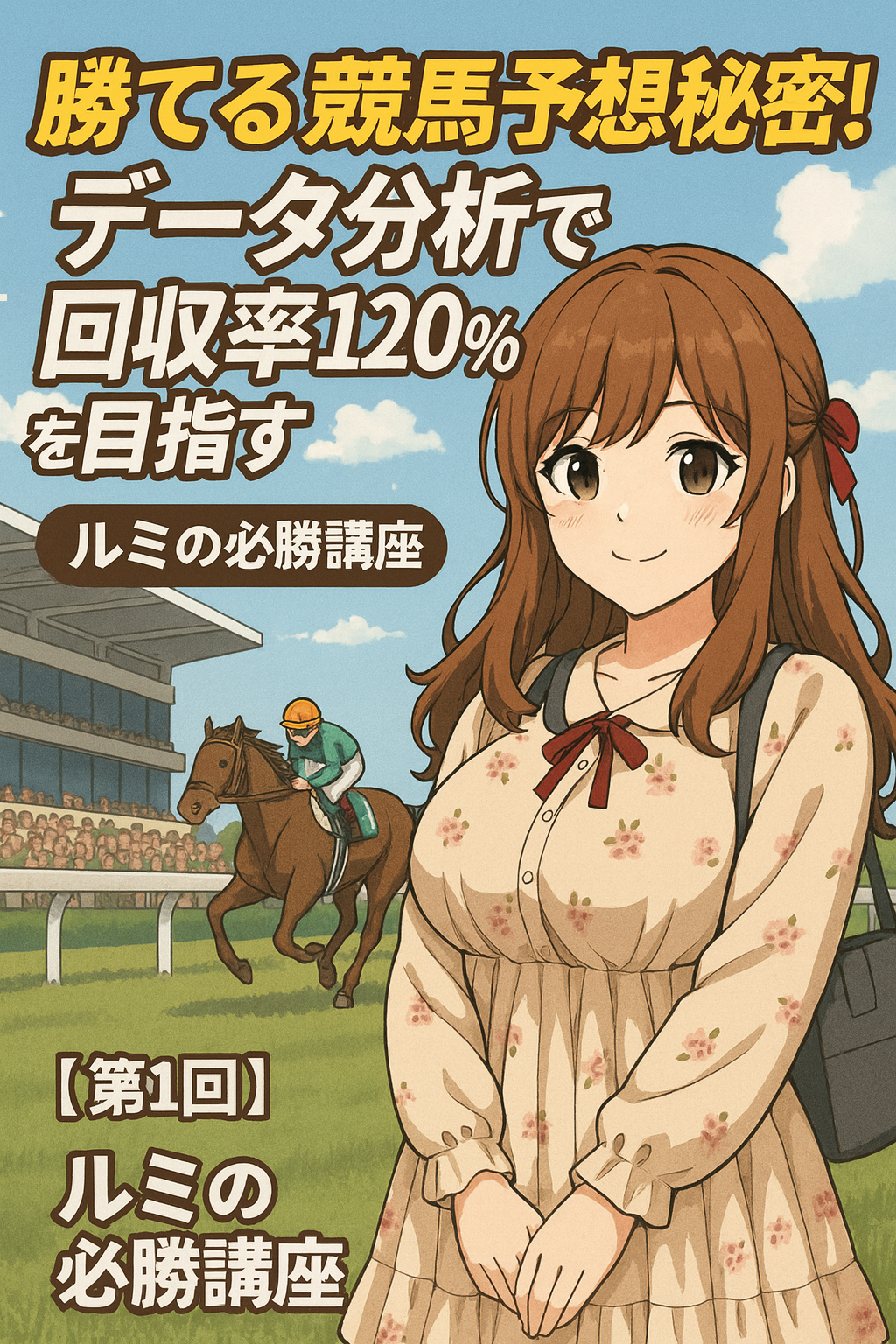 競馬の必勝講座のイラスト。笑顔の女性がこちらを見ている。背景には競馬場があり、競走馬が走っている。画像には「勝てる競馬予想秘密！」「データ分析で回収率120%を目指す」「ルミの必勝講座」と書かれている。