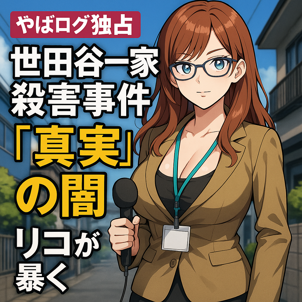 「やばログ独占 世田谷一家殺害事件『真実』の闇 リコが暴く」というタイトルの、マイクを持つ女性のイラスト。