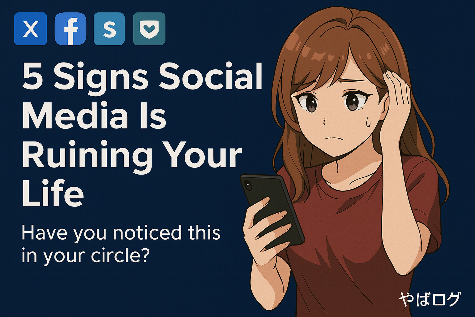 A worried young woman holding her smartphone, looking stressed while checking social media. The text reads: “5 Common Traits of People Whose Lives Are Ruined by Social Media. Do you know someone like this?” with a copyright note “やばろぐ”.
