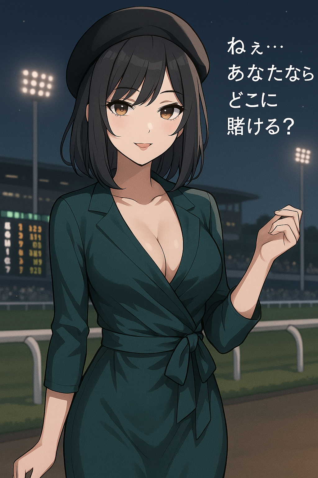 競馬場のような場所で、深い緑色のジャケットを着た黒髪の女性が微笑みながら、問いかけるようなポーズをしている。