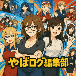 様々な職業の女性たちが集まる、活気あるアニメ風のイラスト。「やばログ編集部」の大きなロゴが中央に配置されており、中央の3人の女性は自信に満ちた笑顔でポーズを取っている。背景には青と赤の鮮やかな光線が広がり、ウェブコンテンツの多様性とエネルギーを表現している。