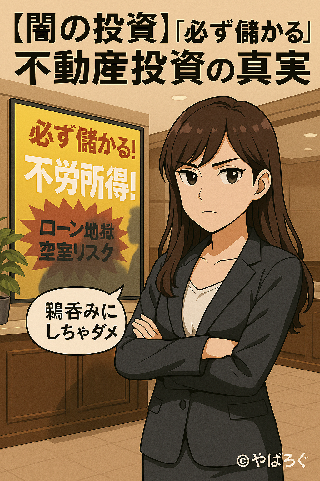 スーツ姿のリコが腕を組み、真剣な表情で「必ず儲かる！」と書かれた不動産広告の前に立っている。背景のポスターには「不労所得」「ローン地獄」「空室リスク」の文字があり、読者に注意を呼びかける構図。