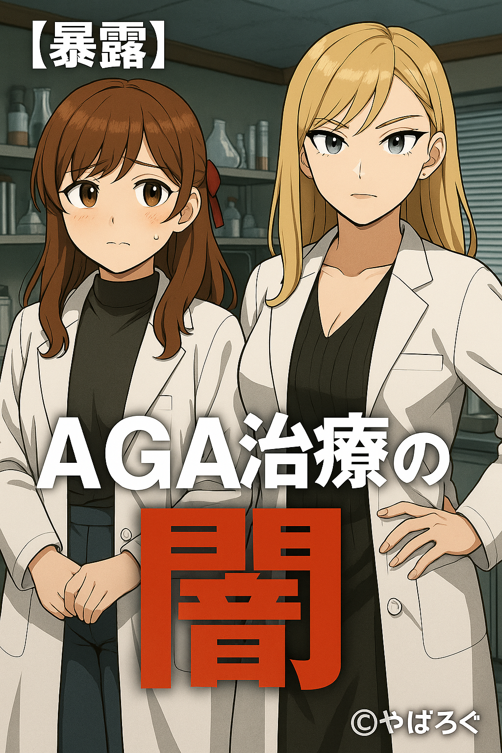 「白衣姿の女性キャラクター2人（ルミとナジカ）が研究室で深刻そうに立つ。『AGA治療の闇』と大きく書かれた文字が前面に配置され、治療業界の問題を暴露する雰囲気のイラスト」