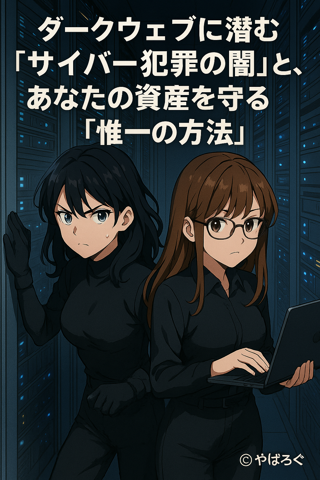 アニメ風に描かれた2人の女性キャラクター（リコとルミ）が黒いスーツでサーバールームに潜入。片方は警戒しながら見張り、もう一方はノートPCを操作している。背景には青く光る無数のサーバーが並び、緊張感を演出している。